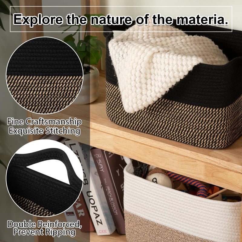 OIAHOMY Woven Storage Basket for Shelves, Rectangle Cotton Rope Baskets for Organizing, 13 x 10 x 9 in, Storage Bins for Dog Toys,Towel,Books,Gift,Black and Brown - Image 5