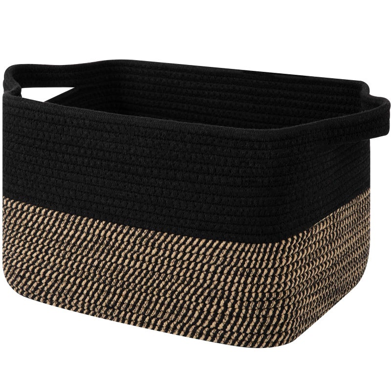 OIAHOMY Woven Storage Basket for Shelves, Rectangle Cotton Rope Baskets for Organizing, 13 x 10 x 9 in, Storage Bins for Dog Toys,Towel,Books,Gift,Black and Brown - Image 1