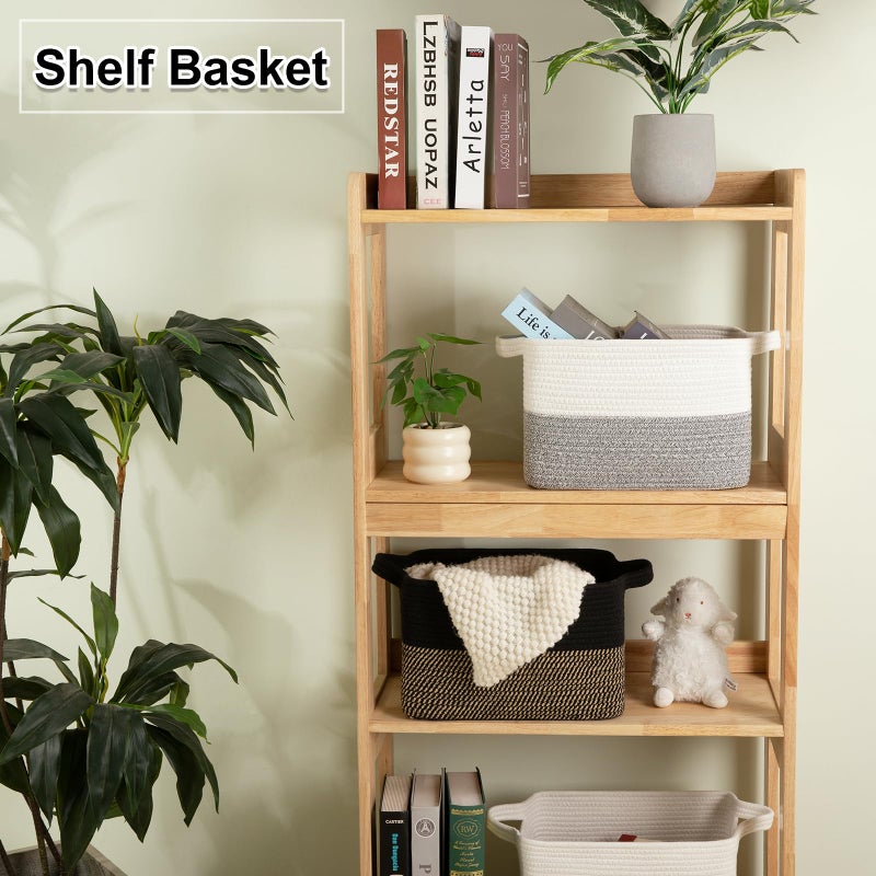 OIAHOMY Woven Storage Basket for Shelves, Rectangle Cotton Rope Baskets for Organizing, 13 x 10 x 9 in, Storage Bins for Dog Toys,Towel,Books,Gift,Black and Brown - Image 2