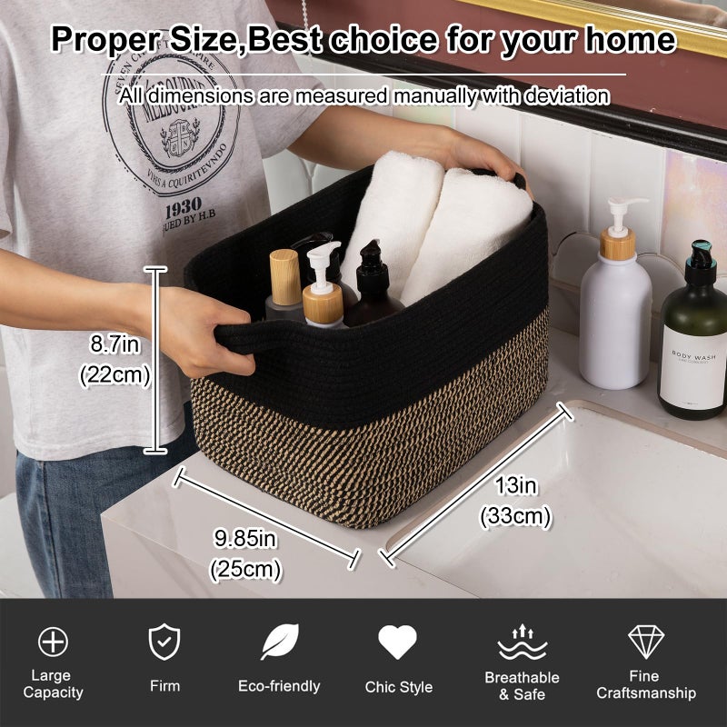 OIAHOMY Woven Storage Basket for Shelves, Rectangle Cotton Rope Baskets for Organizing, 13 x 10 x 9 in, Storage Bins for Dog Toys,Towel,Books,Gift,Black and Brown - Image 3