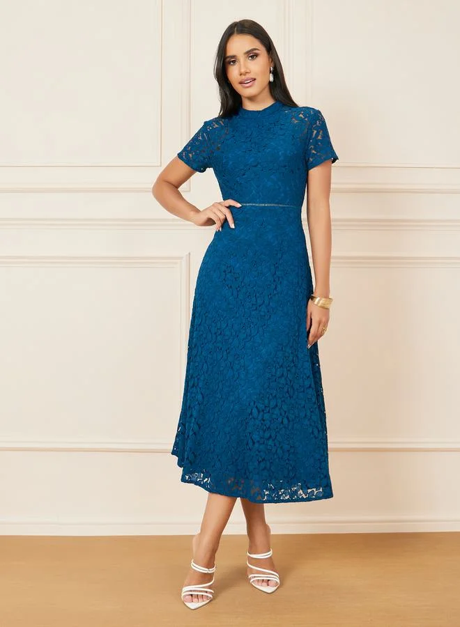 Styli Styli All Over Lace High Neck A-Line Midi Dress