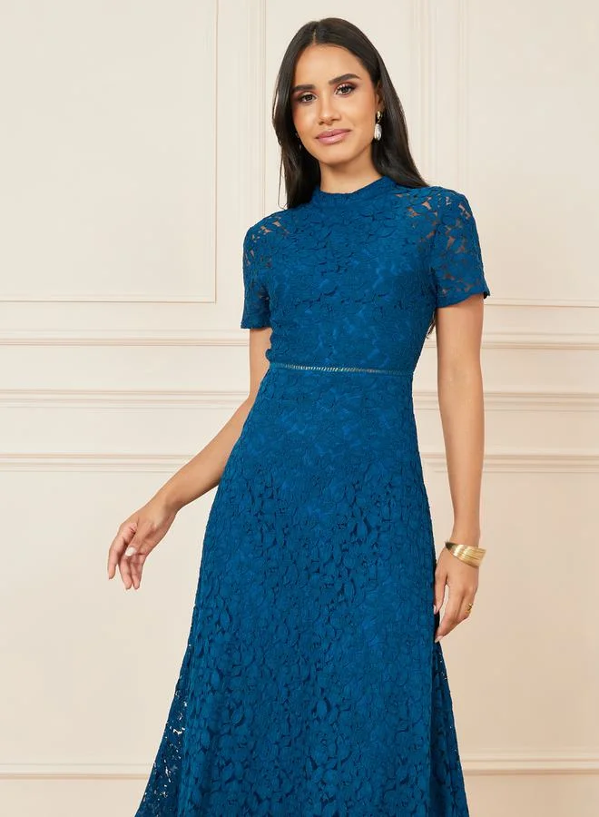 Styli Styli All Over Lace High Neck A-Line Midi Dress