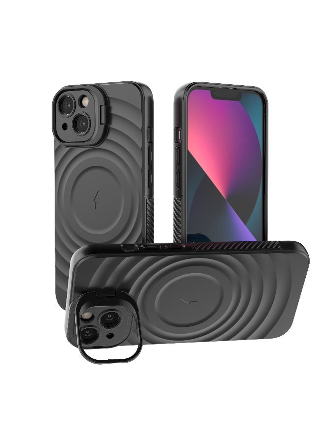 Cover For iPhone 13 Magnetic Phone Corrugated Anti Drop Full Lens Coverage Phone Case with Holder Stand - Black - Image 1
