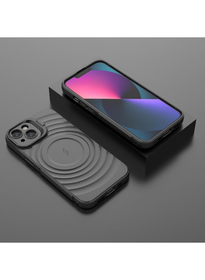 Cover For iPhone 13 Magnetic Phone Corrugated Anti Drop Full Lens Coverage Phone Case with Holder Stand - Black - Image 3