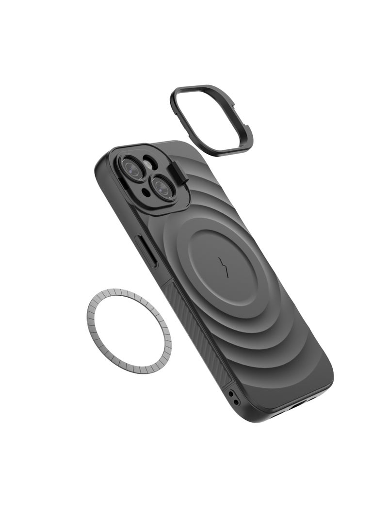 Cover For iPhone 13 Magnetic Phone Corrugated Anti Drop Full Lens Coverage Phone Case with Holder Stand - Black - Image 2