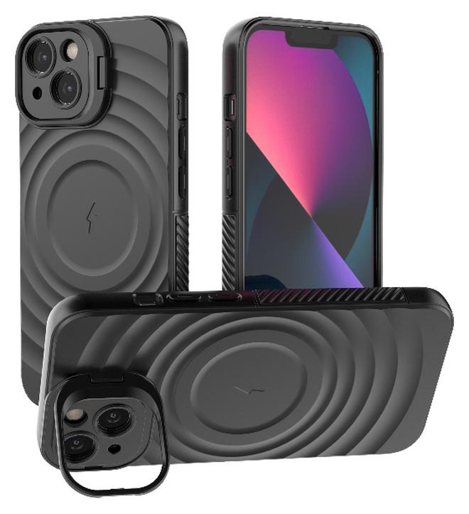 غطاء حمايه لهاتف ايفون 13 جراب ارمور مغناطيسي ياتي بحواف مرتفعة حول الشاشة وعدسة الكاميرا تساعد على منع الخدوش معا استاند للكاميرا - اسود - Image 1