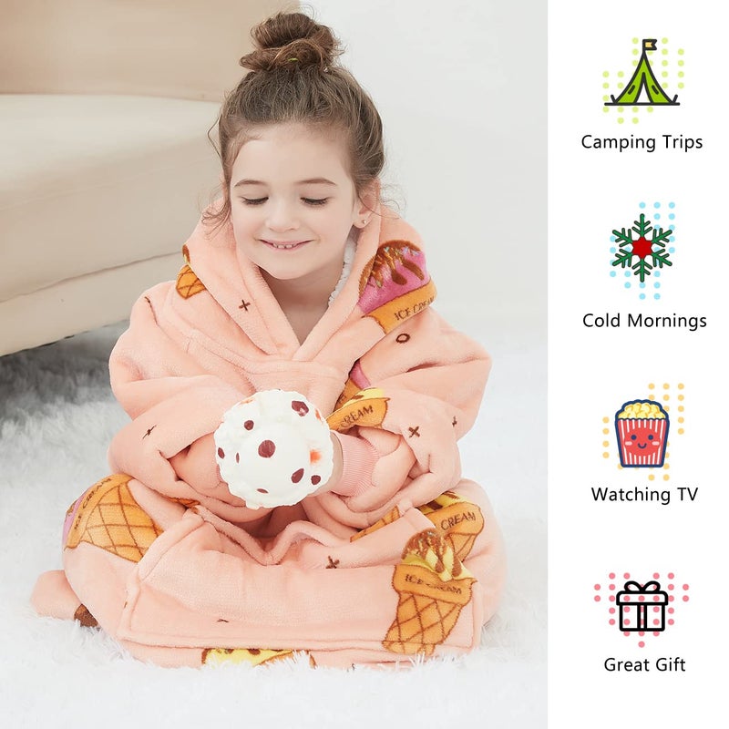 KFUBUO Wearable Blanket Hoodie for Kids Sherpa Patterns Oversized Sweatshirt Blanket With Pocket 6-10 Year Old Girl Birthday Gifts Ice Cream - Image 2
