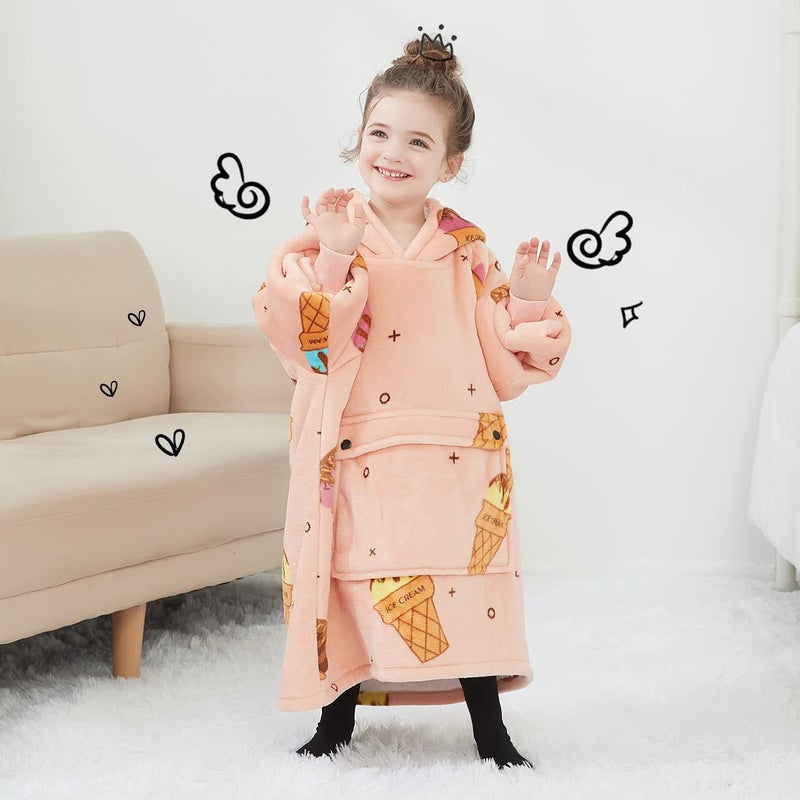 KFUBUO Wearable Blanket Hoodie for Kids Sherpa Patterns Oversized Sweatshirt Blanket With Pocket 6-10 Year Old Girl Birthday Gifts Ice Cream - Image 4