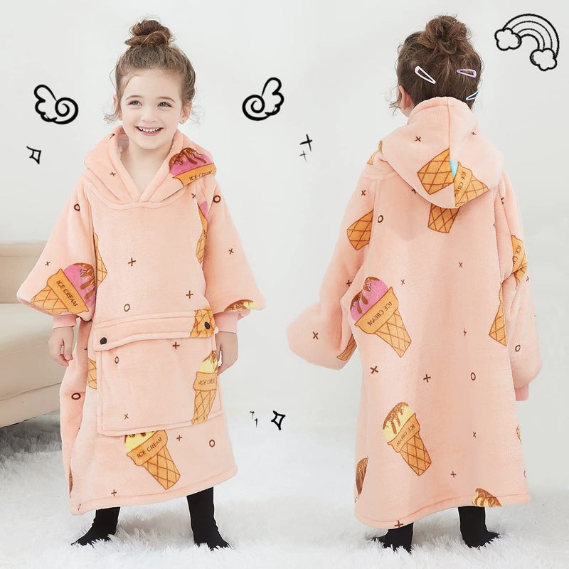 KFUBUO Wearable Blanket Hoodie for Kids Sherpa Patterns Oversized Sweatshirt Blanket With Pocket 6-10 Year Old Girl Birthday Gifts Ice Cream - Image 3