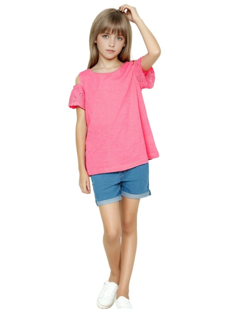 WiNi BEE Girls Cold Shoulder Top, Eyelet Cotton Lace Short Sleeve Summer T-Shirt, Casual Relaxed Fit Blouse for Teen Girls 8-12T - Image 2