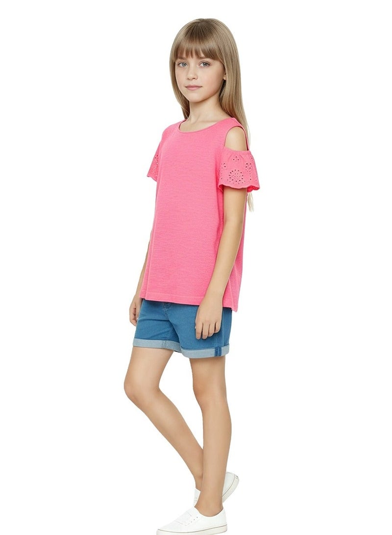 WiNi BEE Girls Cold Shoulder Top, Eyelet Cotton Lace Short Sleeve Summer T-Shirt, Casual Relaxed Fit Blouse for Teen Girls 8-12T - Image 3