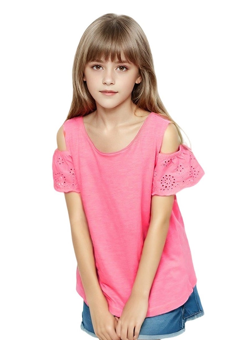 WiNi BEE Girls Cold Shoulder Top, Eyelet Cotton Lace Short Sleeve Summer T-Shirt, Casual Relaxed Fit Blouse for Teen Girls 8-12T - Image 1