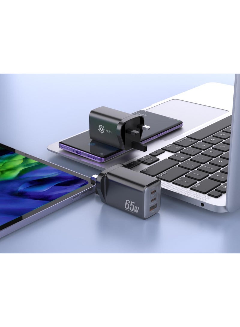 أوماكس شاحن Omakss 65 وات من النوع C، محول طاقة للكمبيوتر المحمول من GaN بثلاثة منافذ USB-C سريع الشحن، قابس شحن حائطي متوافق مع MacBook Air، HP/Dell، iPad، iPhone 17 Pro Max، Galaxy S25/S24 Ultra، Xiaomi - Image 2