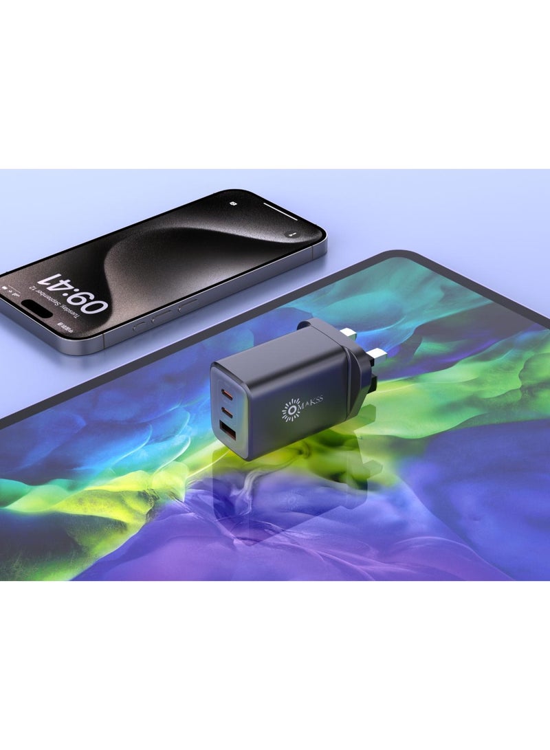 أوماكس شاحن Omakss 65 وات من النوع C، محول طاقة للكمبيوتر المحمول من GaN بثلاثة منافذ USB-C سريع الشحن، قابس شحن حائطي متوافق مع MacBook Air، HP/Dell، iPad، iPhone 17 Pro Max، Galaxy S25/S24 Ultra، Xiaomi - Image 3