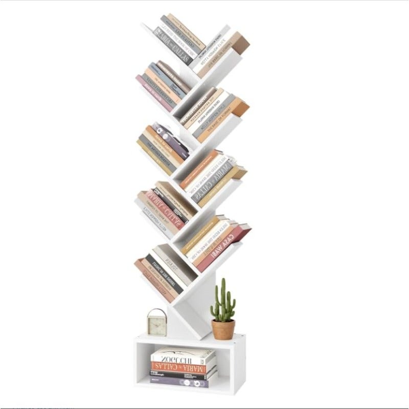 أرفف كتب متعددة المستويات بتسعة أرفف مع درج، رف كتب خشبي أنيق وقائم وقوف حديث للأرض، منظم كتب، رفوف للغرفة النوم، غرفة المعيشة، المكتب المنزلي، أبيض - Image 1