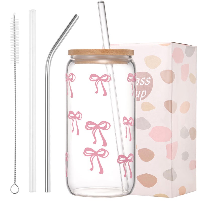 ANABIUP Coquette Cute Pink Bow Glass Cups with Lids and Straws, Aesthetic Iced Coffee Cup, Girly Preppy Design Tumbler Mug for Teen Girls Women Girlfriends Gifts - Image 1