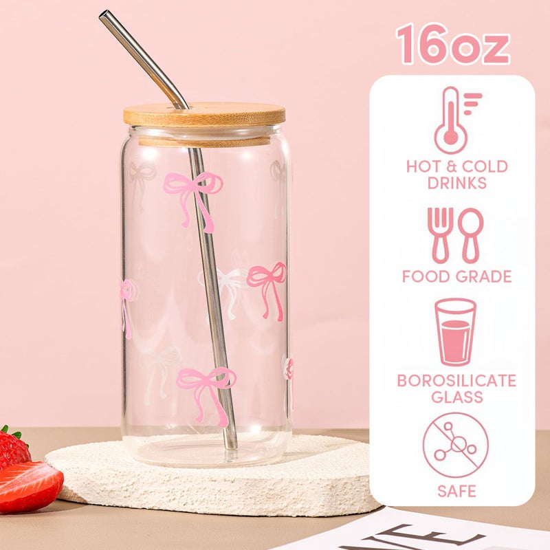 ANABIUP Coquette Cute Pink Bow Glass Cups with Lids and Straws, Aesthetic Iced Coffee Cup, Girly Preppy Design Tumbler Mug for Teen Girls Women Girlfriends Gifts - Image 3