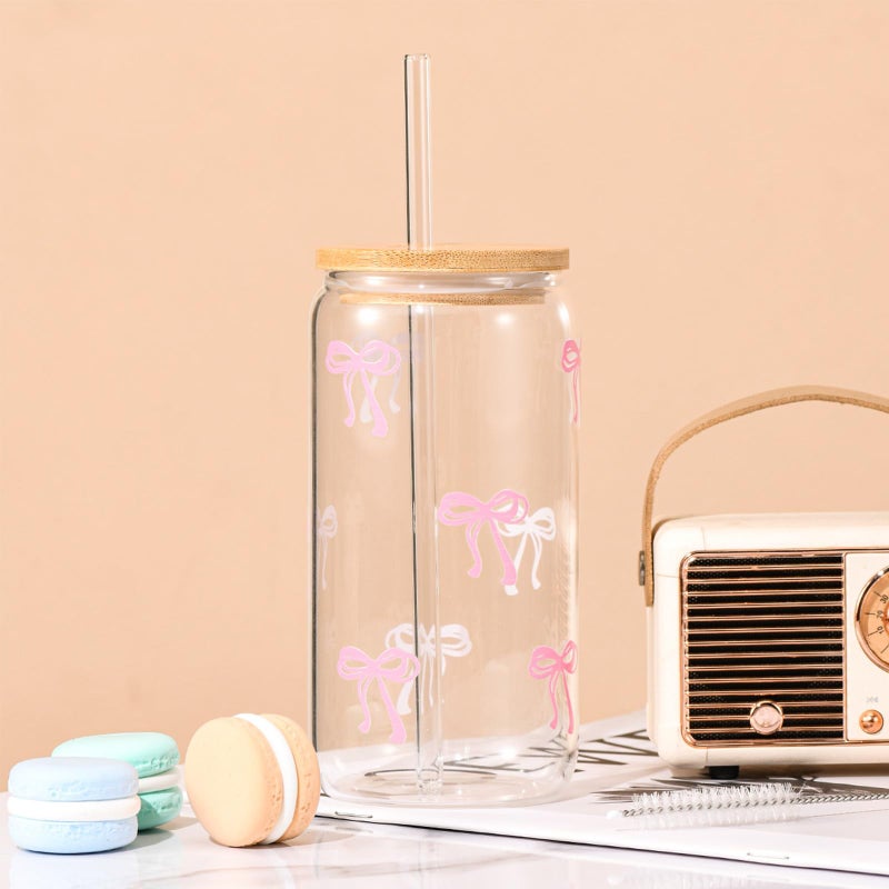 ANABIUP Coquette Cute Pink Bow Glass Cups with Lids and Straws, Aesthetic Iced Coffee Cup, Girly Preppy Design Tumbler Mug for Teen Girls Women Girlfriends Gifts - Image 2