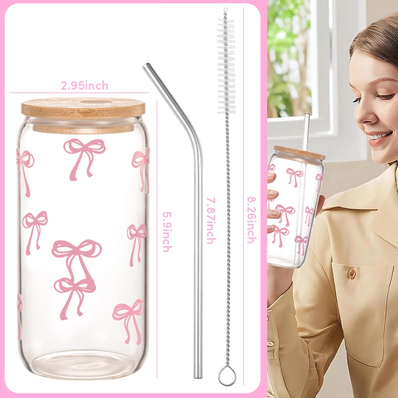 ANABIUP Coquette Cute Pink Bow Glass Cups with Lids and Straws, Aesthetic Iced Coffee Cup, Girly Preppy Design Tumbler Mug for Teen Girls Women Girlfriends Gifts - Image 4