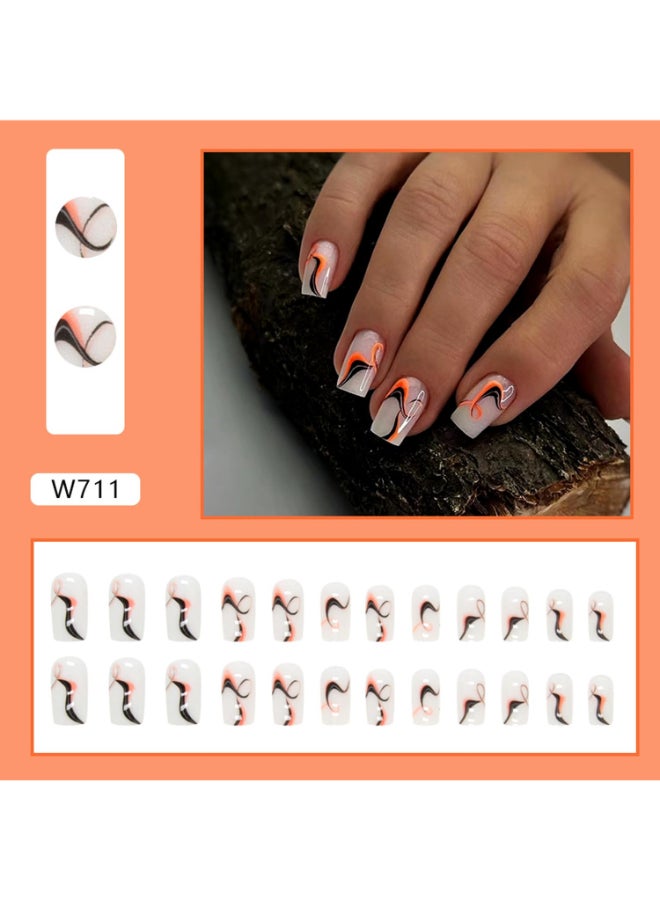 Onsdag Medium Press on NailsCoffin Shape Fake NailsGlossy Full Cover Reusable Stick on NailsArtificial Acrylic Square False Nails with Wavy Stripe DesignNatural Fit Glue on Nails for Women Girls 24Pcs - Image 4