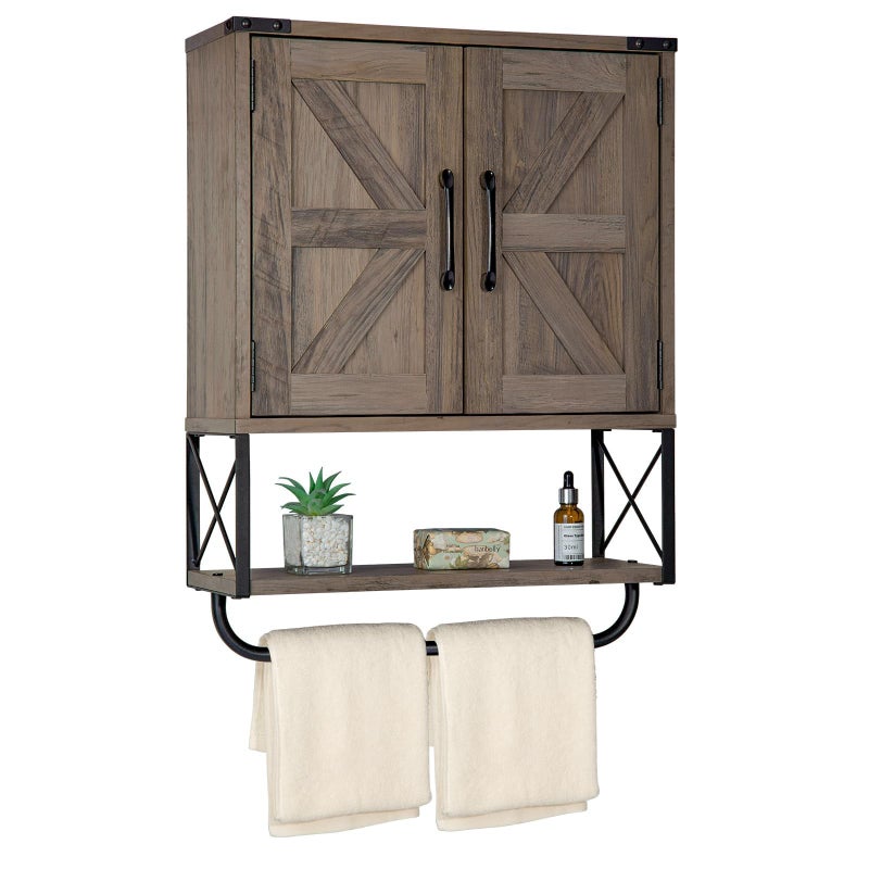 RUSTOWN Farmhouse Medicine Cabinet with 2 Barn Door Wood Wall Mounted Storage Cabinet with Adjustable Shelf and Towel Bar 3Tier Bathroom Cabinet for Bathroom Living RoomWashed Oak Medium