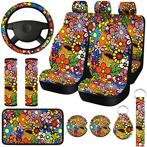 Fiada 15 Pcs Car Seat Covers Full Set Space Cat Car Accessories, Blue Cartoon Cat Seat Covers Steering Wheel Cover Seat Belt Pads Armrest Pad Cup Holders Keychains for Most Truck SUV(Flower) - Image 1