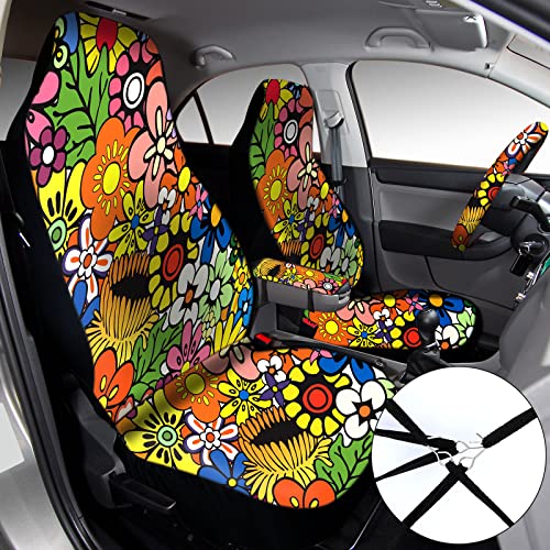Fiada 15 Pcs Car Seat Covers Full Set Space Cat Car Accessories, Blue Cartoon Cat Seat Covers Steering Wheel Cover Seat Belt Pads Armrest Pad Cup Holders Keychains for Most Truck SUV(Flower) - Image 2