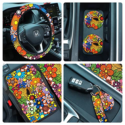 Fiada 15 Pcs Car Seat Covers Full Set Space Cat Car Accessories, Blue Cartoon Cat Seat Covers Steering Wheel Cover Seat Belt Pads Armrest Pad Cup Holders Keychains for Most Truck SUV(Flower) - Image 5