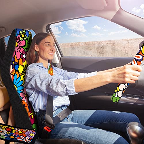 Fiada 15 Pcs Car Seat Covers Full Set Space Cat Car Accessories, Blue Cartoon Cat Seat Covers Steering Wheel Cover Seat Belt Pads Armrest Pad Cup Holders Keychains for Most Truck SUV(Flower) - Image 3