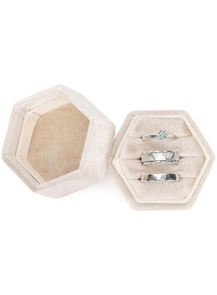 صندوق خواتم من المخمل ذو ثلاث فتحات، صندوق هدايا سداسي لعرض الخواتم وعرضها في حفلات الزفاف والخطوبة - Image 1