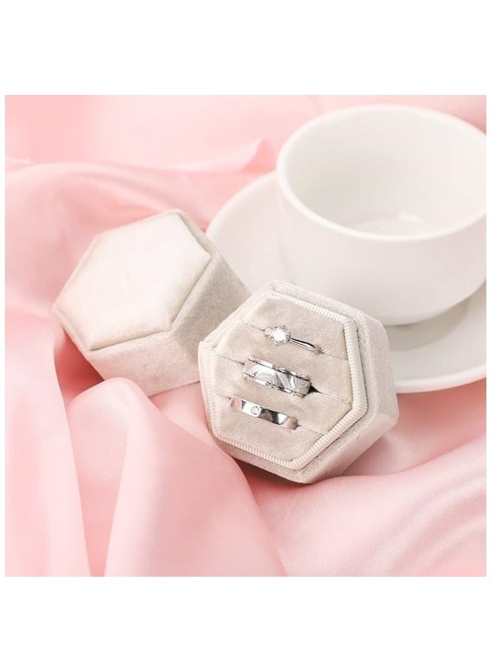 صندوق خواتم من المخمل ذو ثلاث فتحات، صندوق هدايا سداسي لعرض الخواتم وعرضها في حفلات الزفاف والخطوبة - Image 4