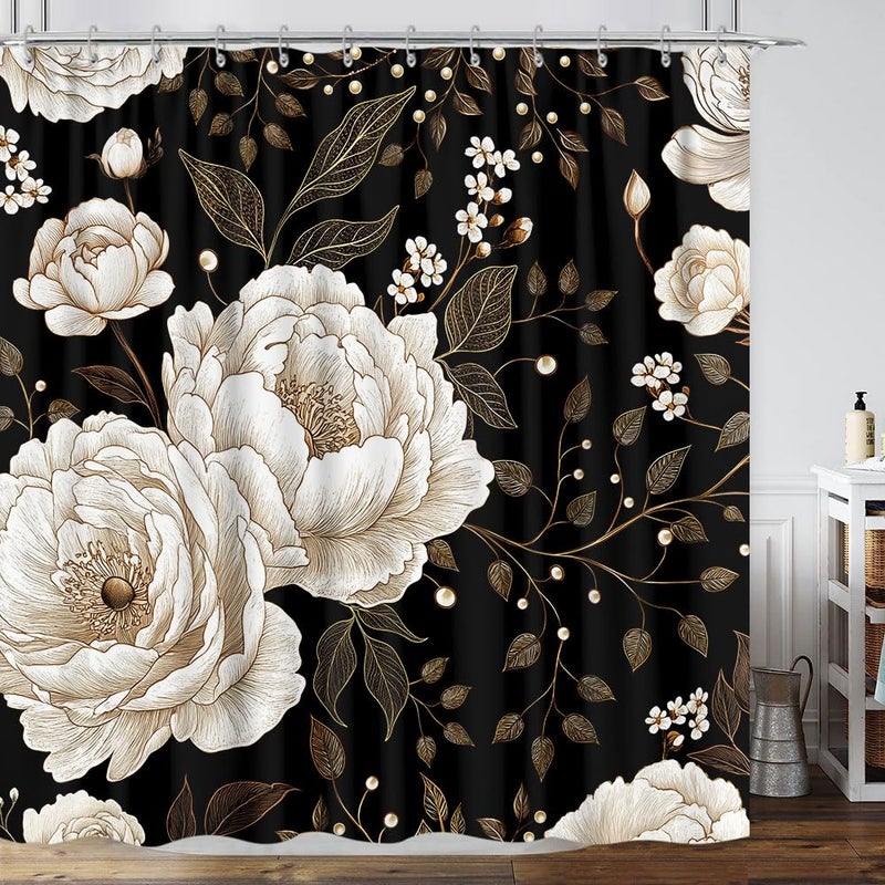 Black and Gold Shower Curtain Dark Roses Leaves Botanical Aesthetic Boho Floral Shower Curtain for Bathroom with Hook Vintage Rose Gold Flowers Fabric Unique Chic Shower Curtain Set with Hooks 72X72