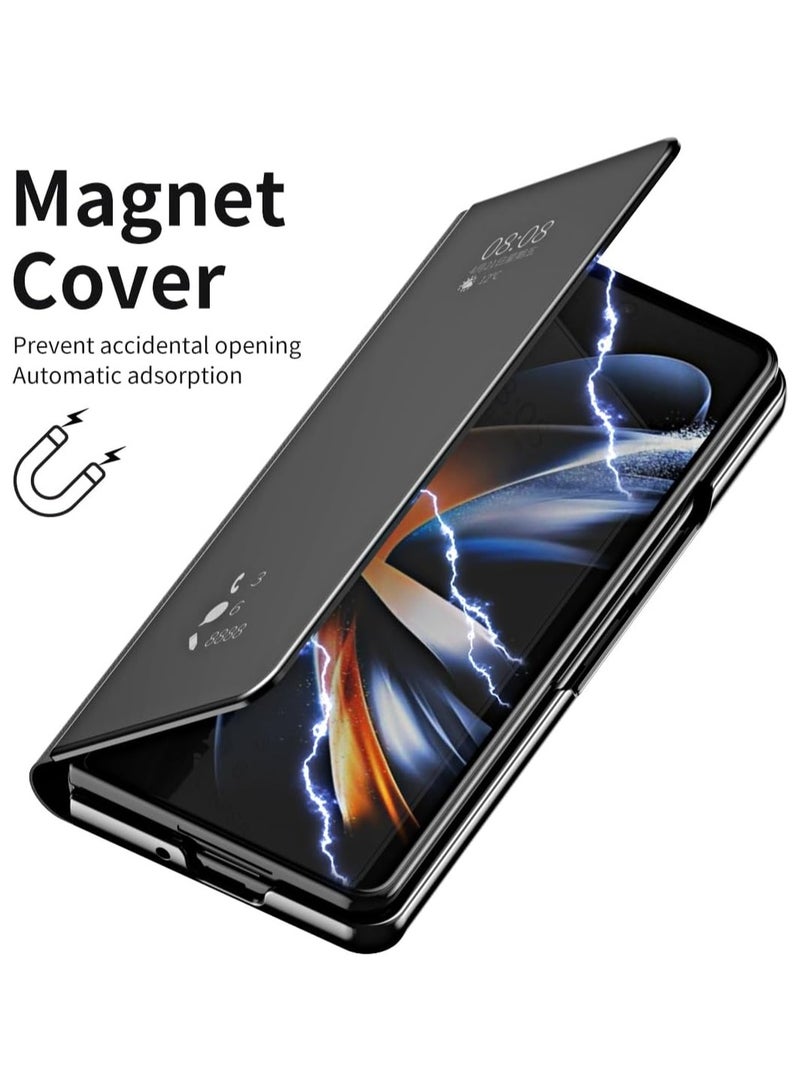 VKL حافظة متوافقة مع هاتف Samsung Galaxy Z Fold 5 5G مع حامل، جلد بولي يوريثين، غطاء شفاف قابل للطي مع مرآة وغطاء واقٍ مقاوم للصدمات لهاتف Galaxy Z Fold 5 2023 (أسود) - Image 3