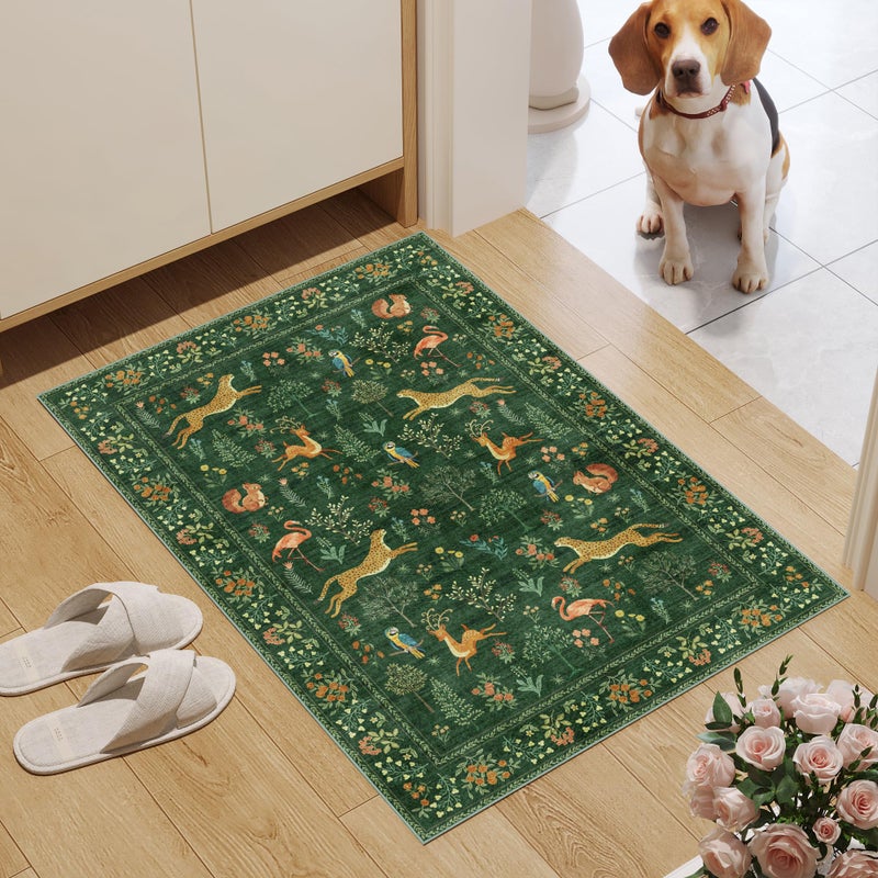 DUKINO 2x3 Rug, Washable Animal Rugs for Entryway, Non Slip Indoor Door Mat, Soft Low Pile Small Area Carpet for Entrance, Bedroom, Kitchen, Laundry, Bathroom, Green - Image 2