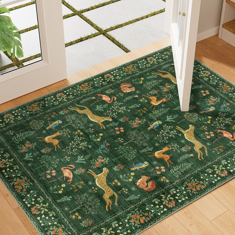 DUKINO 2x3 Rug, Washable Animal Rugs for Entryway, Non Slip Indoor Door Mat, Soft Low Pile Small Area Carpet for Entrance, Bedroom, Kitchen, Laundry, Bathroom, Green - Image 1