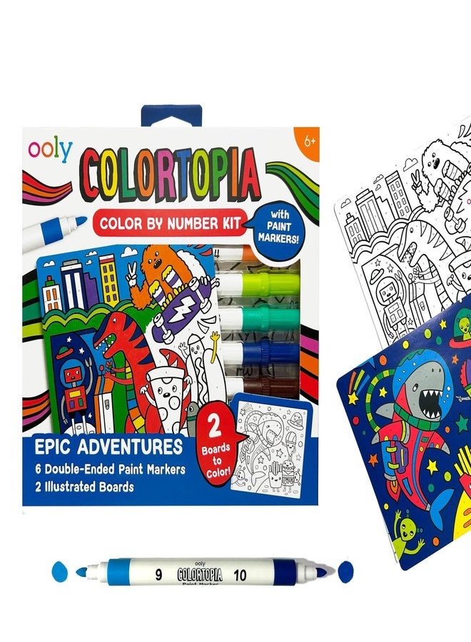 Ooly Colortopia Color by Number Paint Marker Kit - 2 Illustrated Boards, 6 Double-Ended Water-Based Paint Markers, 2 Removable Display Stands, Non-Toxic Art Kit for Kids & Teens - Epic Adventures - Image 1
