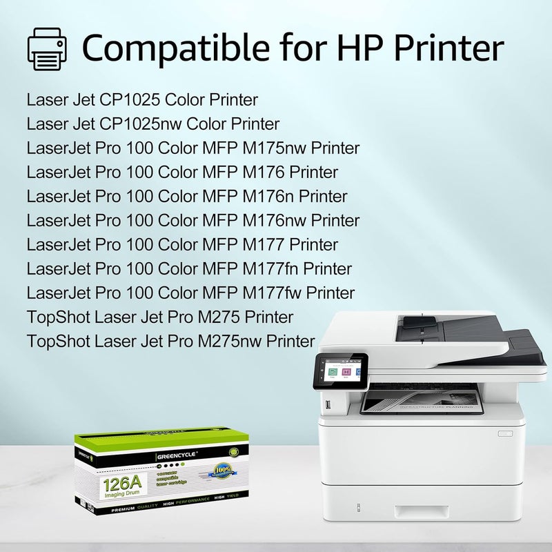 أسطوانة التصوير البديلة من GREENCYCLE المتوافقة مع HP 126A CE314A، تعمل مع طابعات Laserjet Pro 100 MFP M175a M175nw M275 M275nw CP1025 CP1025nw (عبوة واحدة، أسود/ملون) - Image 2