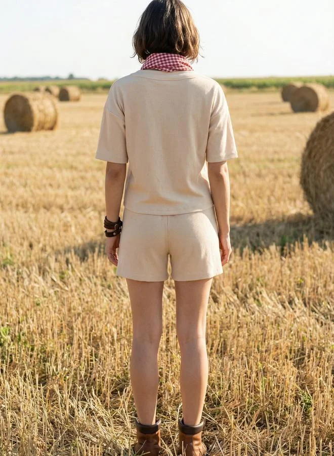 سانسكريتي هومز طقم بيجاما من نسيج الرايون بأكمام قصيرة وقبة V وشورت للنساء - بيج