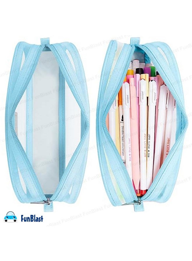 فنبلاست حافظة أقلام FunBlast، حقيبة أقلام شفافة مزودة بسحاب للإغلاق، حقيبة مكياج شفافة محمولة، حقيبة أقلام كبيرة السعة، حقيبة قرطاسية للطلاب والفتيات والبالغين والمكاتب (أزرق) - Image 5