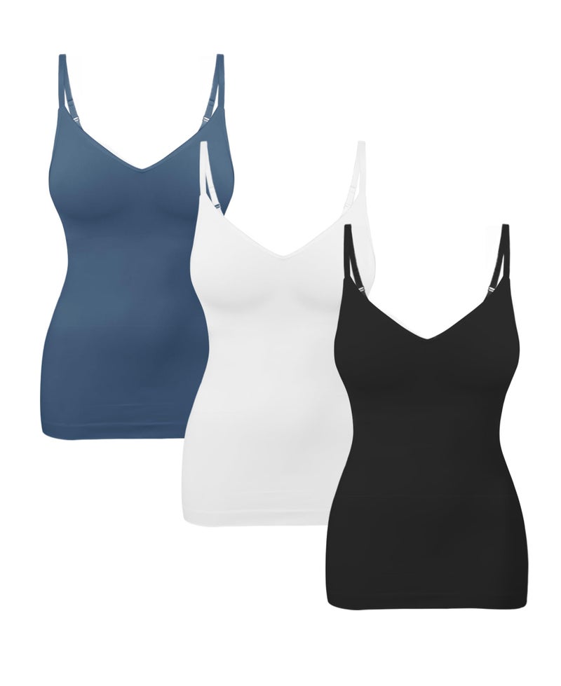 EUYZOU Womens 3PK Tummy Control Shapewear Tank Tops Seamless V-Neck Compression Tank Tops Body Shaper Camisole, Black/White/Blue L - Image 1