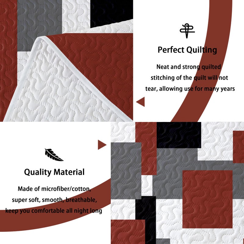 Tyrot 3 Piece Burnt Orange Grey Quilt Set King Size Black White Gray Geometric Reversible Bedding Set Microfiber Lightweight Bedspread Coverlet with 2 Shams Bed Covers for All Season, 106''x96'' - Image 4