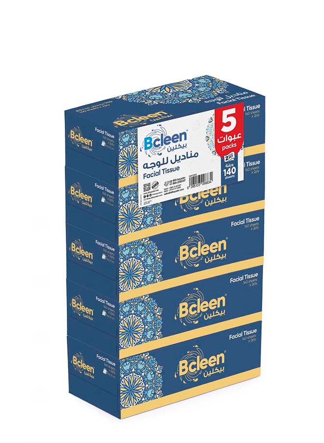 Bcleen White Facial Tissue,2 Ply × 140 Sheets,Tissues For Germ Protection Cotton Feel Suitable for All Skin Types, 19 * 20cm (Pack of 5)