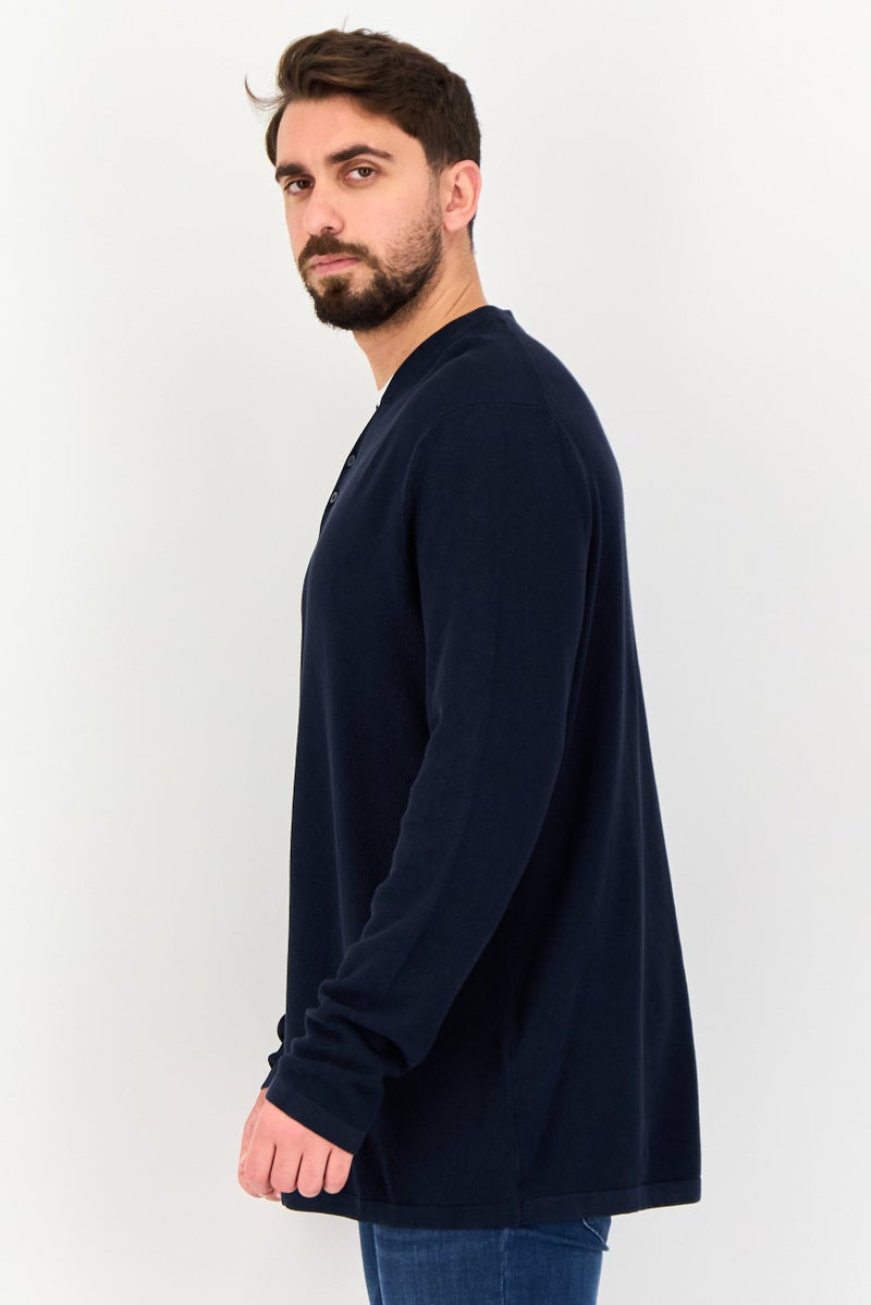 Celio Men Crew Neck Long Sleeve Textured Sweater, Navy - Image 3