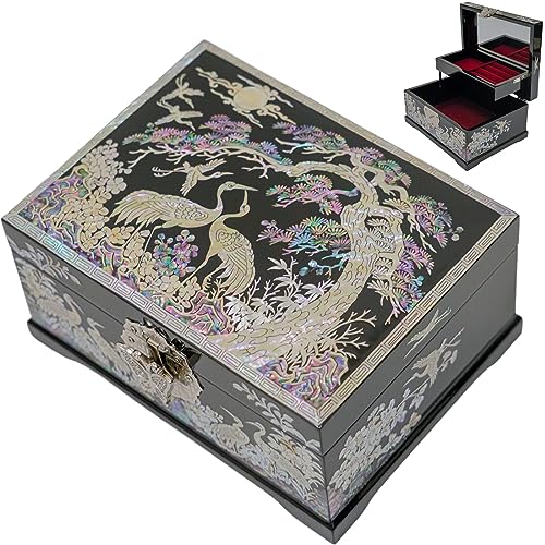 February Mountain Mother-of-Pearl Crane Jewelry Box | Wooden Make | Two-Layer Velvet Interior | Mirror Lid | Lacquer Finish | Handmade Korean Art | Valentine’s & Mother’s Day Gift (Crane) - Image 1