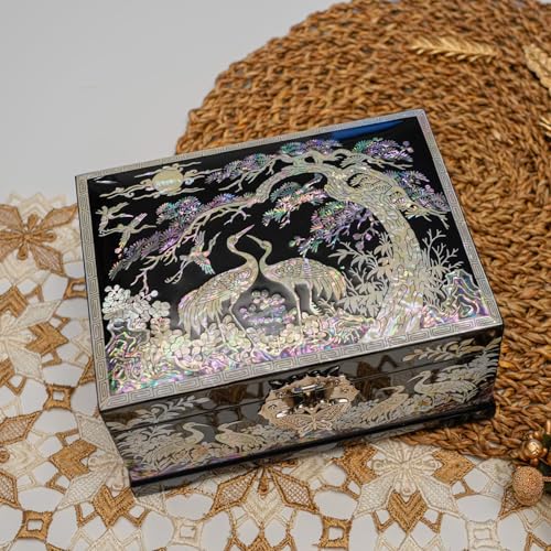 February Mountain Mother-of-Pearl Crane Jewelry Box | Wooden Make | Two-Layer Velvet Interior | Mirror Lid | Lacquer Finish | Handmade Korean Art | Valentine’s & Mother’s Day Gift (Crane) - Image 3