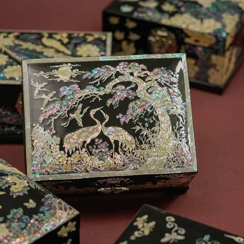 February Mountain Mother-of-Pearl Crane Jewelry Box | Wooden Make | Two-Layer Velvet Interior | Mirror Lid | Lacquer Finish | Handmade Korean Art | Valentine’s & Mother’s Day Gift (Crane) - Image 2