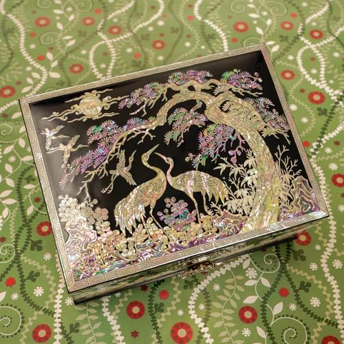February Mountain Mother-of-Pearl Crane Jewelry Box | Wooden Make | Two-Layer Velvet Interior | Mirror Lid | Lacquer Finish | Handmade Korean Art | Valentine’s & Mother’s Day Gift (Crane) - Image 5