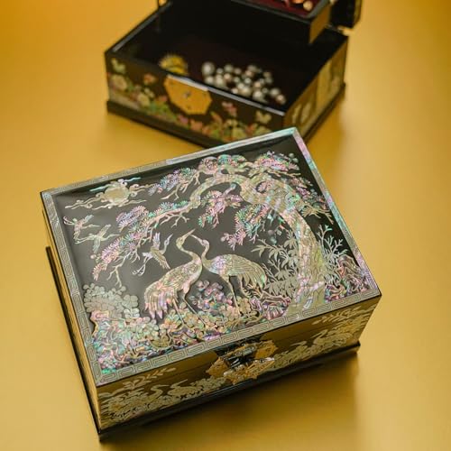 February Mountain Mother-of-Pearl Crane Jewelry Box | Wooden Make | Two-Layer Velvet Interior | Mirror Lid | Lacquer Finish | Handmade Korean Art | Valentine’s & Mother’s Day Gift (Crane) - Image 4