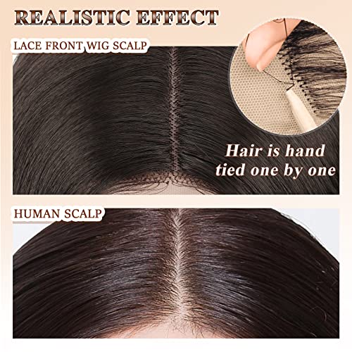 FESHFEN Soft and Smooth 16 Inch Dark Brown Wavy Lace Front Synthetic Wigs Middle Parting Medium Shoulder Length Bob Wig Ideal for Women Wedding and Other Function - Image 5