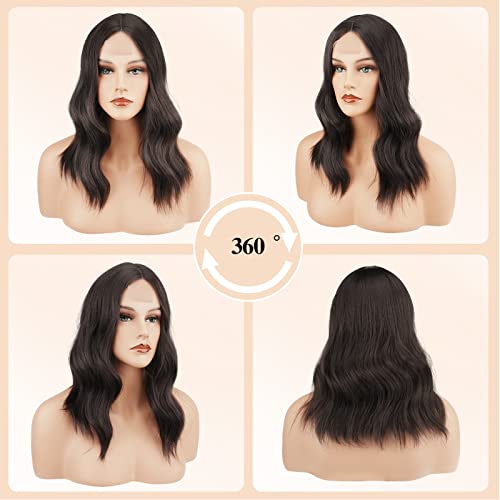 FESHFEN Soft and Smooth 16 Inch Dark Brown Wavy Lace Front Synthetic Wigs Middle Parting Medium Shoulder Length Bob Wig Ideal for Women Wedding and Other Function - Image 2